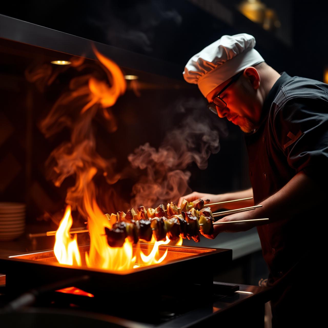 Chef grilling kebabs over an open flame